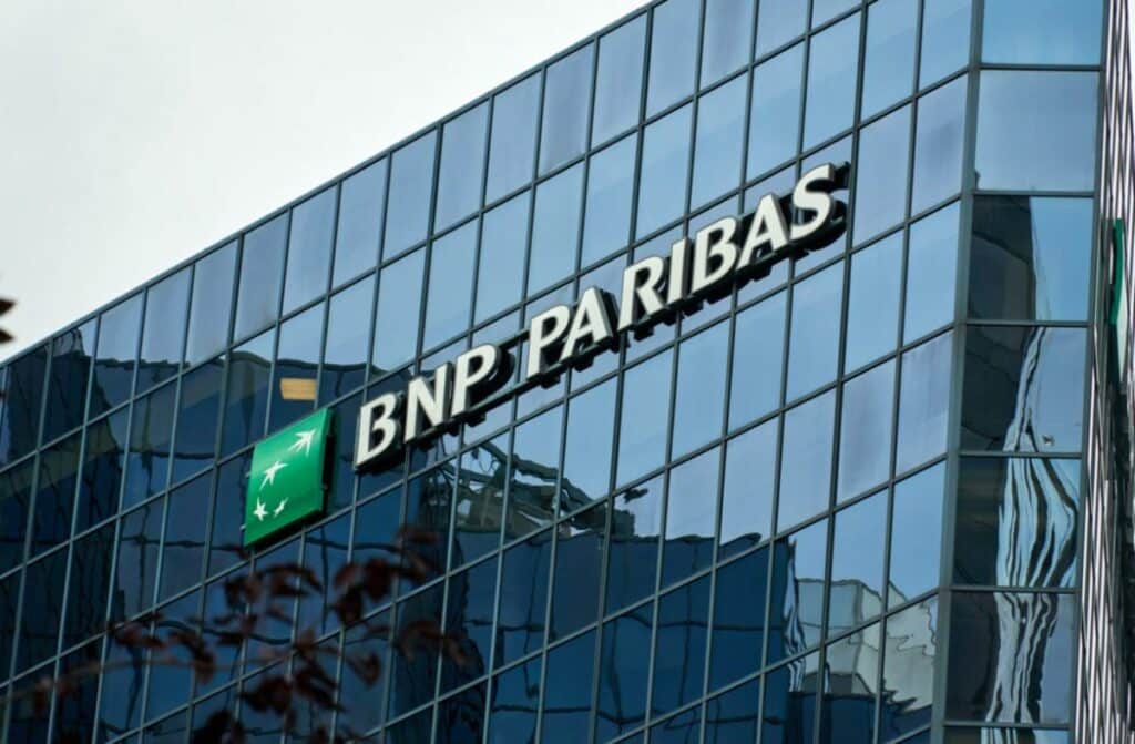MONTREAL, CANADA - OCTOBER 4, 2018: BNP Paribas building and logo in Montreal. BNP Paribas is a French international banking group.