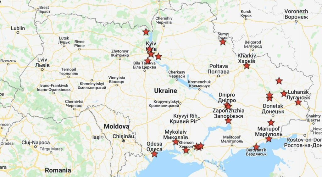 Estrelas vermelhas sinalizam os locais da Ucrânia que já foram atacados pela Rússia