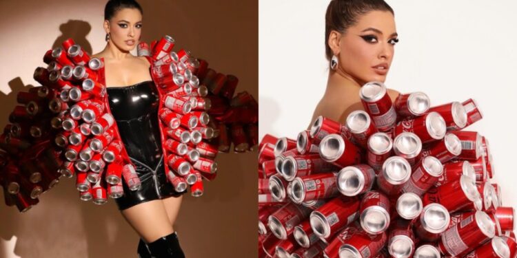 Beatriz Reis com a jaqueta feita de latas – Reprodução / Instagram / @beatrizreisbrasil e @photzmuller