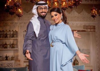 Na foto temos o casal de apresentadores Elham Ali e Khaled Saqer Créditos: Foto Supplied