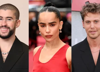 Bad Bunny, Zoë Kravitz e Austin Butler posando para foto  - Créditos: Rodin Eckenroth/Getty Images; Stuart C. Wilson/Getty Images; Matt Winkelmeyer/Getty Images