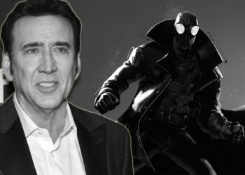 Ator Nicolas Cage em preto e branco com a imagem do homem-aranha atras Reprodução: Imagem da internet/GeekSaw