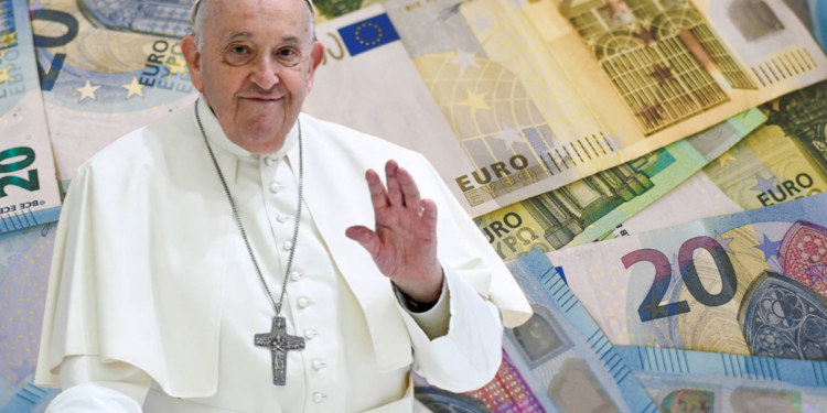 Foto montagem do Papa Francisco no meio de várias notas de euros