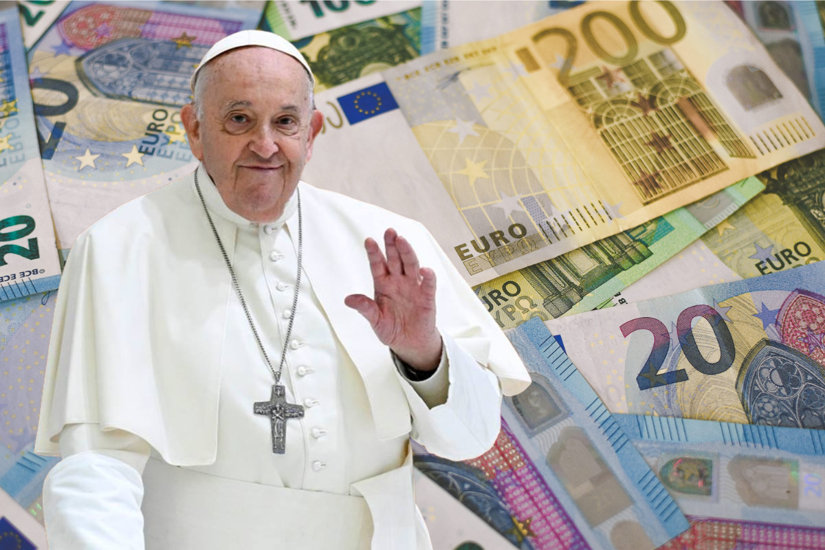 Foto montagem do Papa Francisco no meio de várias notas de euros