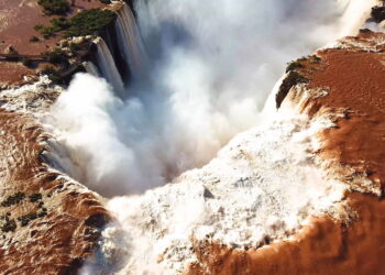 Aerial view of the Iguazu Falls. View over the Garganta del Diablo the Devil's Throat.