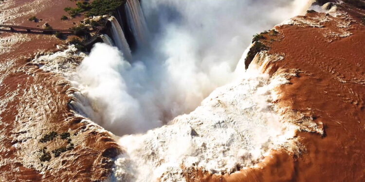 Aerial view of the Iguazu Falls. View over the Garganta del Diablo the Devil's Throat.