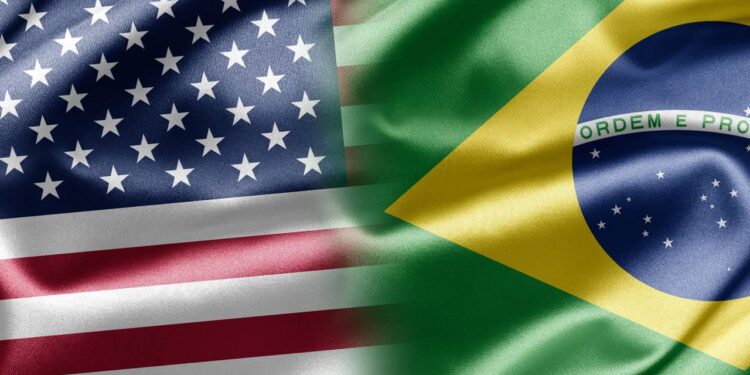Bandeiras do Brasil e dos Estados Unidos.