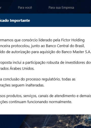 Página inicial do site do Banco Master cita interesse da Fictor Holding na aquisição da instituição