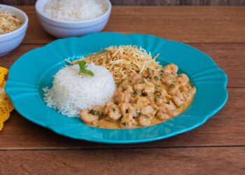O strogonoff de camarão cremoso e delicioso que fica pronto em poucos minutos