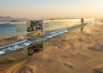 Projeto urbano monumental no deserto cria cidade vertical sem carros para milhões