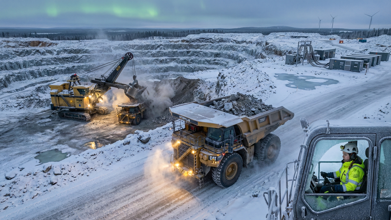 Operação de mineração a céu aberto com caminhões gigantes e alta potência na extração de cobre