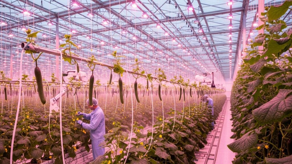 Fazenda vertical moderna capaz de produzir milhões de pepinos anualmente em estufa