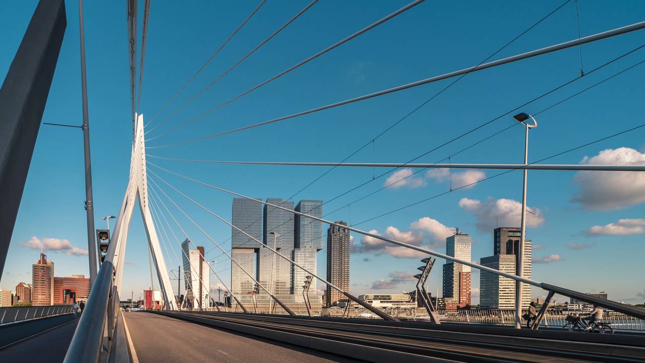 Com seu pilone assimétrico de 139m de altura, a estrutura apelidada de "O Cisne" virou o símbolo da arquitetura moderna de Roterdã