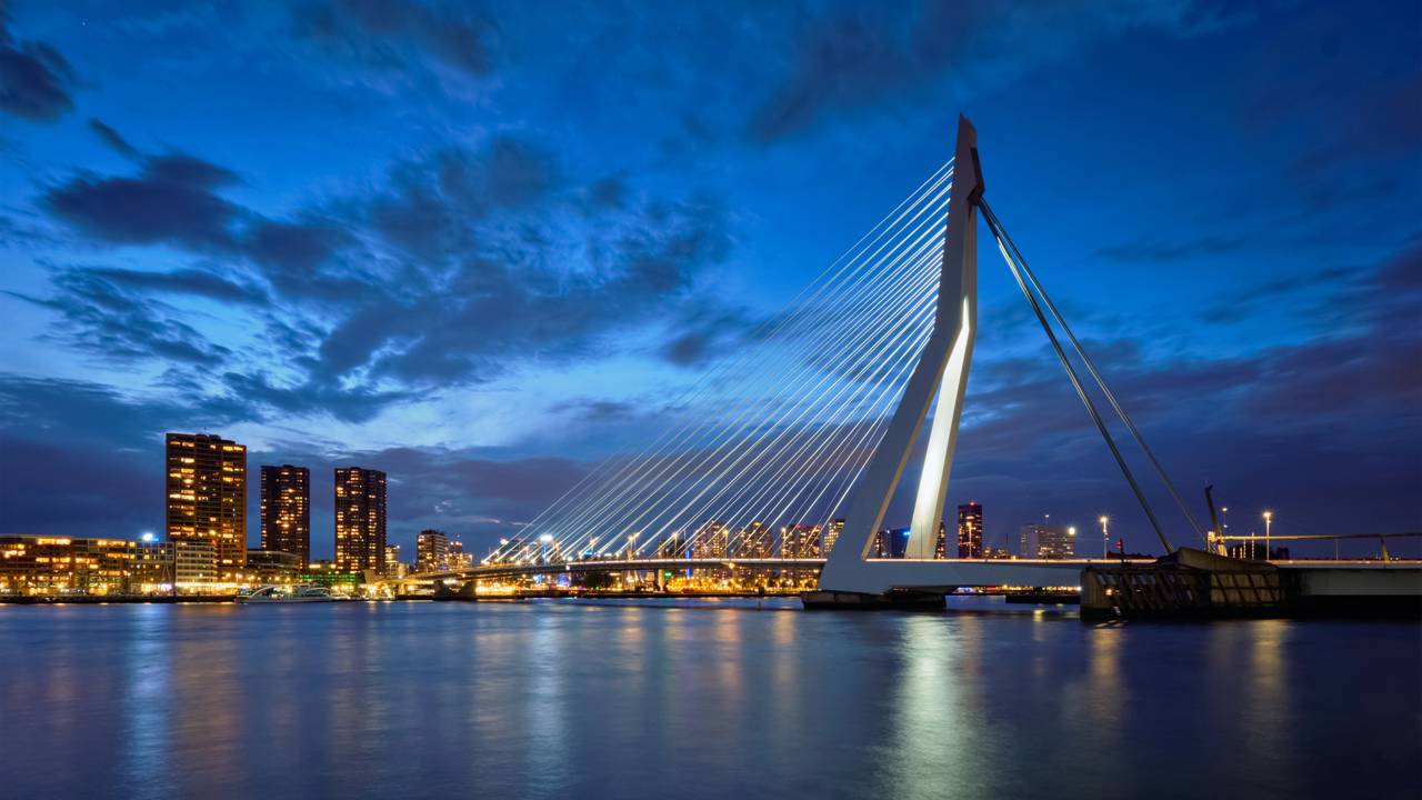 A elegante ponte estaiada de 802 metros de extensão com um mastro de 139 metros em forma de cisne que virou o maior símbolo de Roterdã