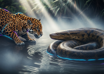 O que acontece quando a feroz onça-pintada enfrenta a loga sucuri