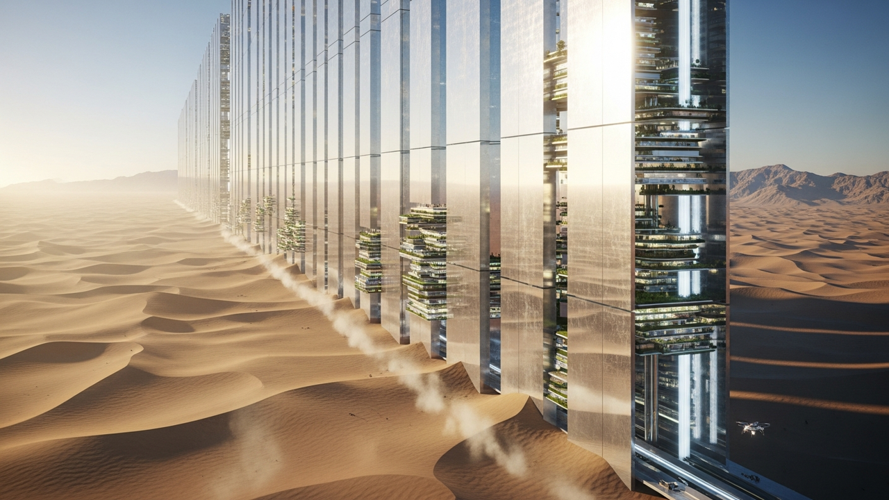 170 km de extensão, 500 metros de altura e abrigo para 9 milhões de habitantes: a estrutura faraônica que promete abolir os carros e criar uma cidade vertical no meio do deserto