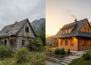 Restauração de cabana antiga mostra reaproveitamento estrutural e conforto em área montanhosa