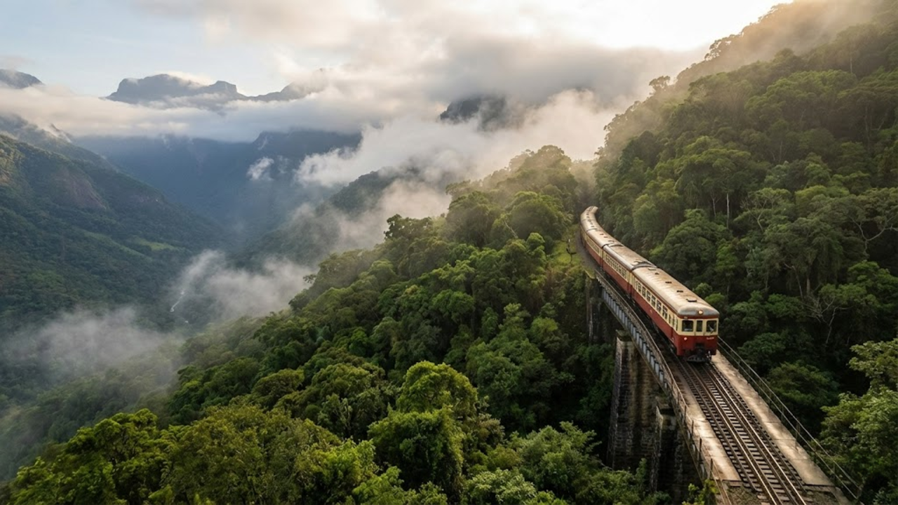 Viagem de trem com paisagens montanhosas e travessia por ponte elevada em trajeto de quatro horas
