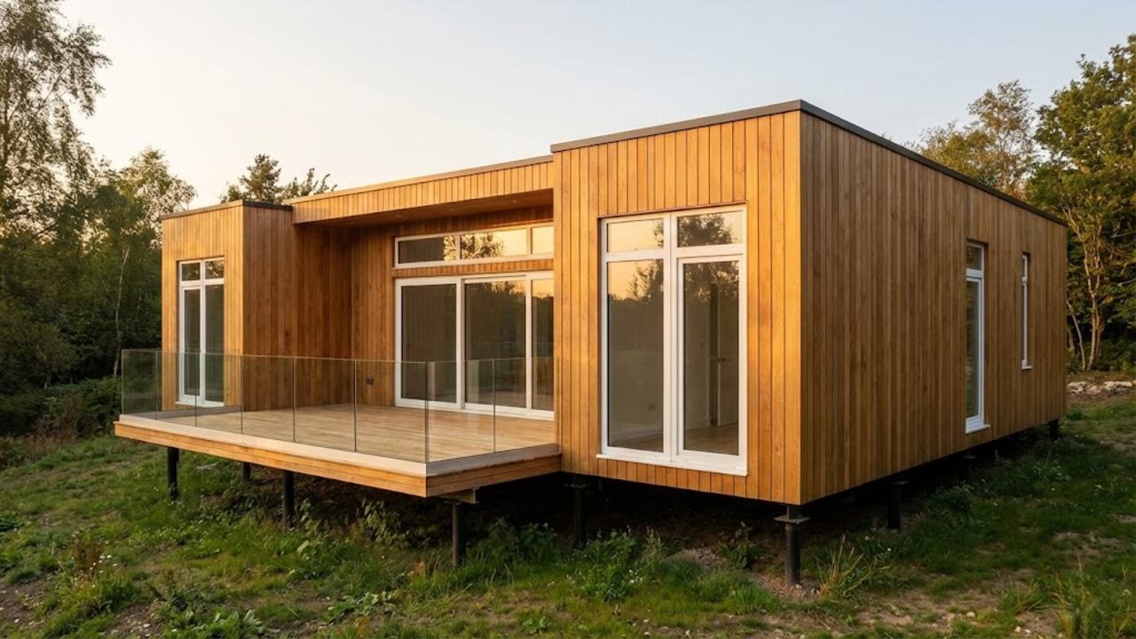 Casa compacta feita com quatro contêineres marítimos e terraço funcional de 43 m²