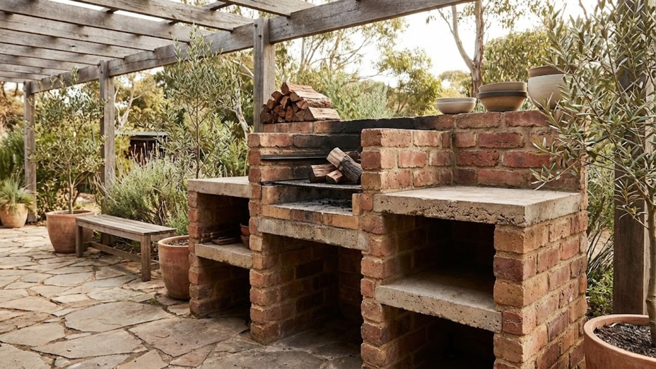 Churrasqueira rústica feita com tijolos e cimento simples para área externa funcional e charmosa