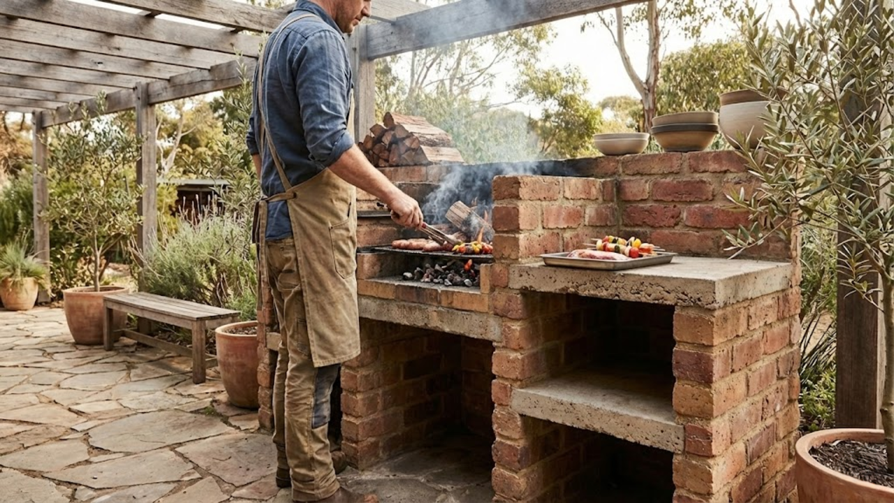 Churrasqueira rústica feita com tijolos e cimento simples para área externa funcional e charmosa