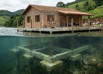 Ela construiu uma casa no lago e registrou tudo em vídeo: veja a engenharia da fundação subaquática que sustenta toneladas de concreto e alvenaria