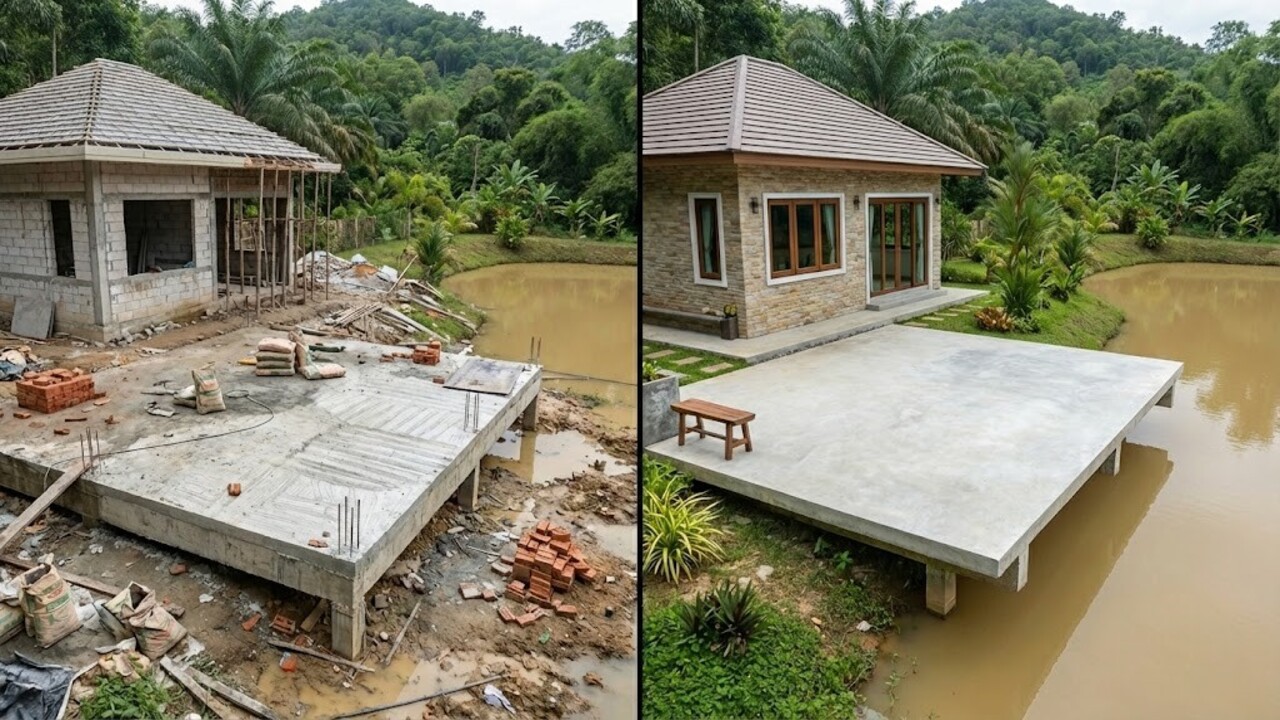 Ela construiu uma casa no lago e registrou tudo em vídeo: veja a engenharia da fundação subaquática que sustenta toneladas de concreto e alvenaria