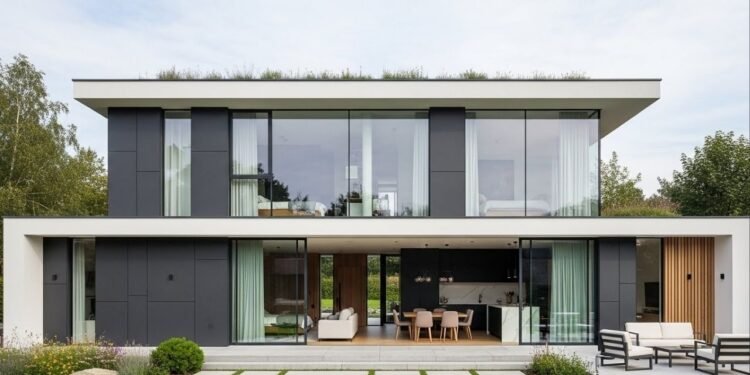 Casa contemporânea de 140 metros quadrados com 3 quartos, fachada de vidro e telhado oculto para famílias jovens