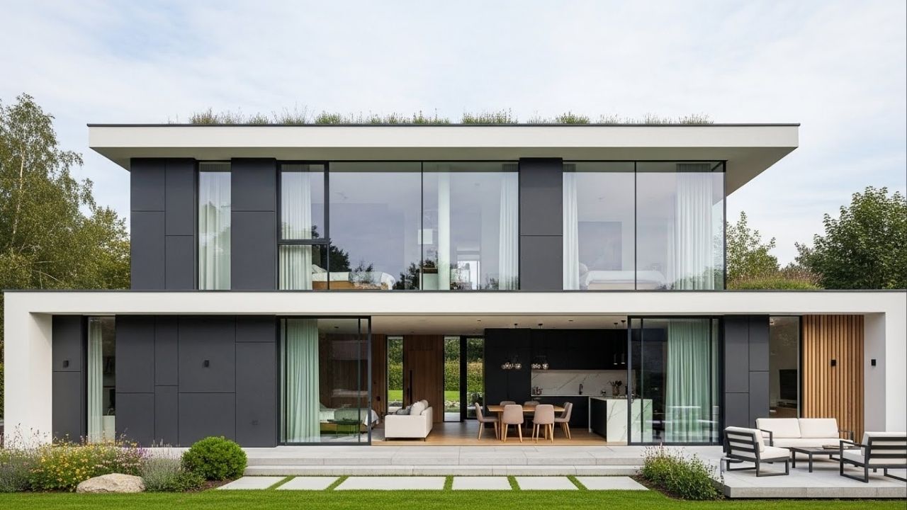 Casa contemporânea de 140 metros quadrados com 3 quartos, fachada de vidro e telhado oculto para famílias jovens