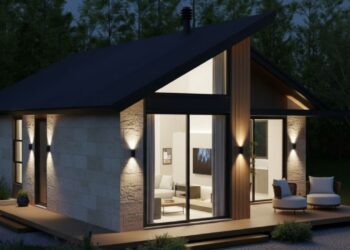 Residência de 75 metros quadrados com fachada moderna, sala de estar e 2 quartos com um uma suíte master