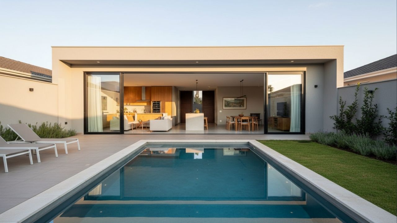 Essa casa de 90 metros quadrados com piscina e dois quartos transforma um terreno compacto em espaço de lazer