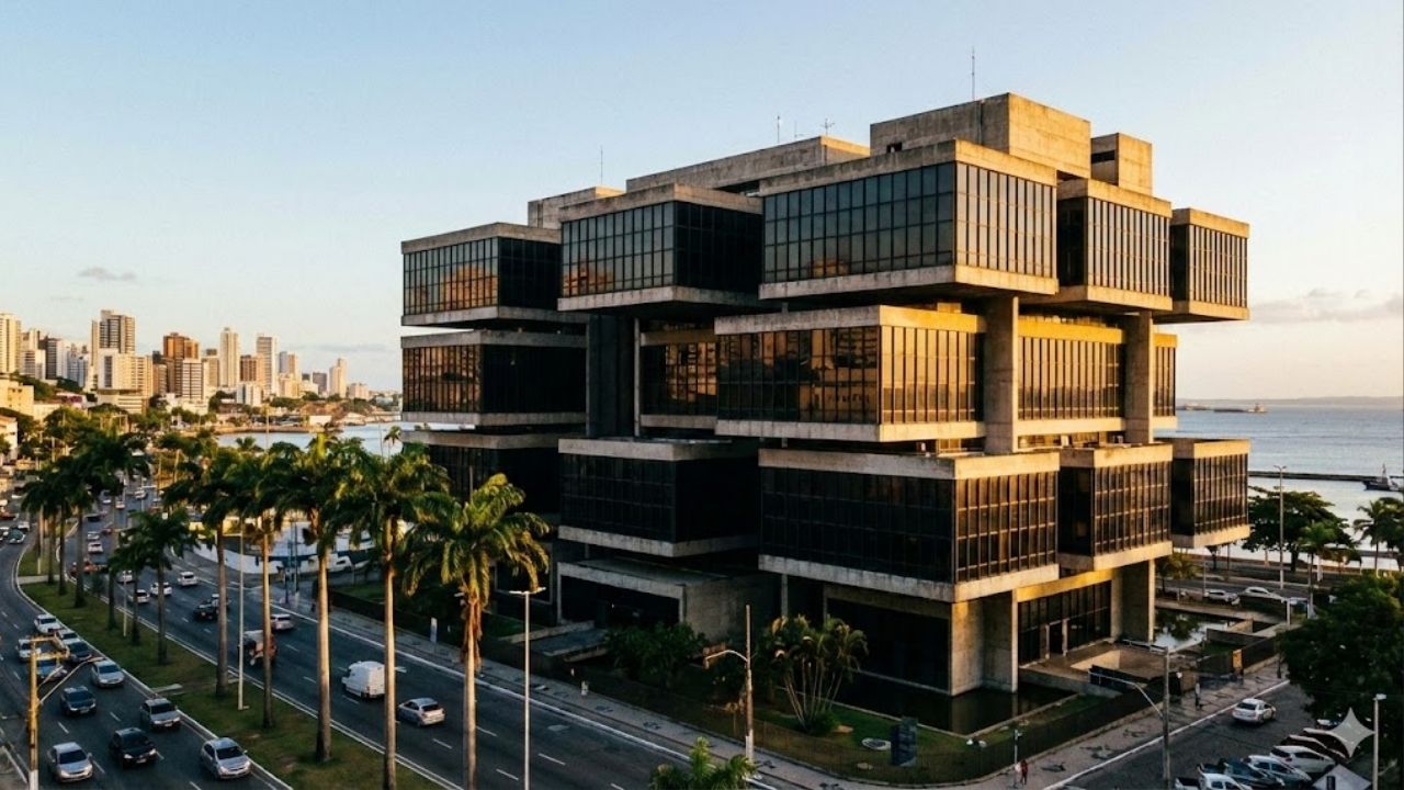 Com vigas metálicas suspensas a 30 metros sobre pilares de concreto, o edifício de 1988 virou um marco revolucionário da engenharia em Salvador