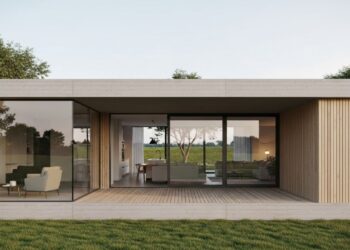 Casa de campo simples e elegante com 2 quartos e deck integrado aposta em conforto e natureza