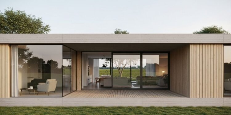 Casa de campo simples e elegante com 2 quartos e deck integrado aposta em conforto e natureza