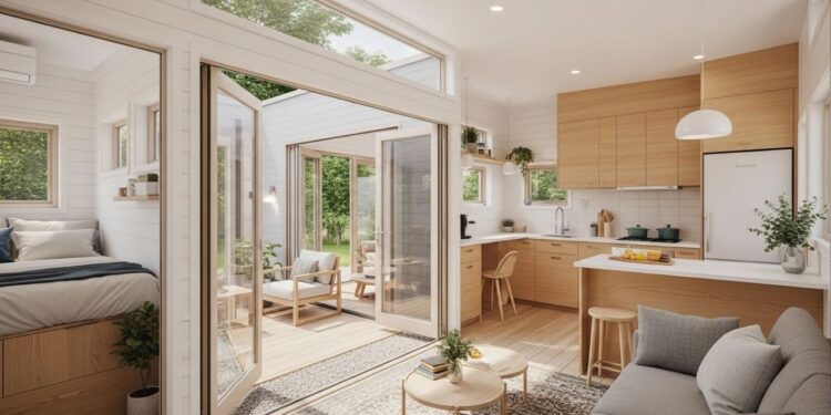 Construção de Tiny House compacta une pátio central, vidro amplo e soluções inteligentes para 40 metros quadrados