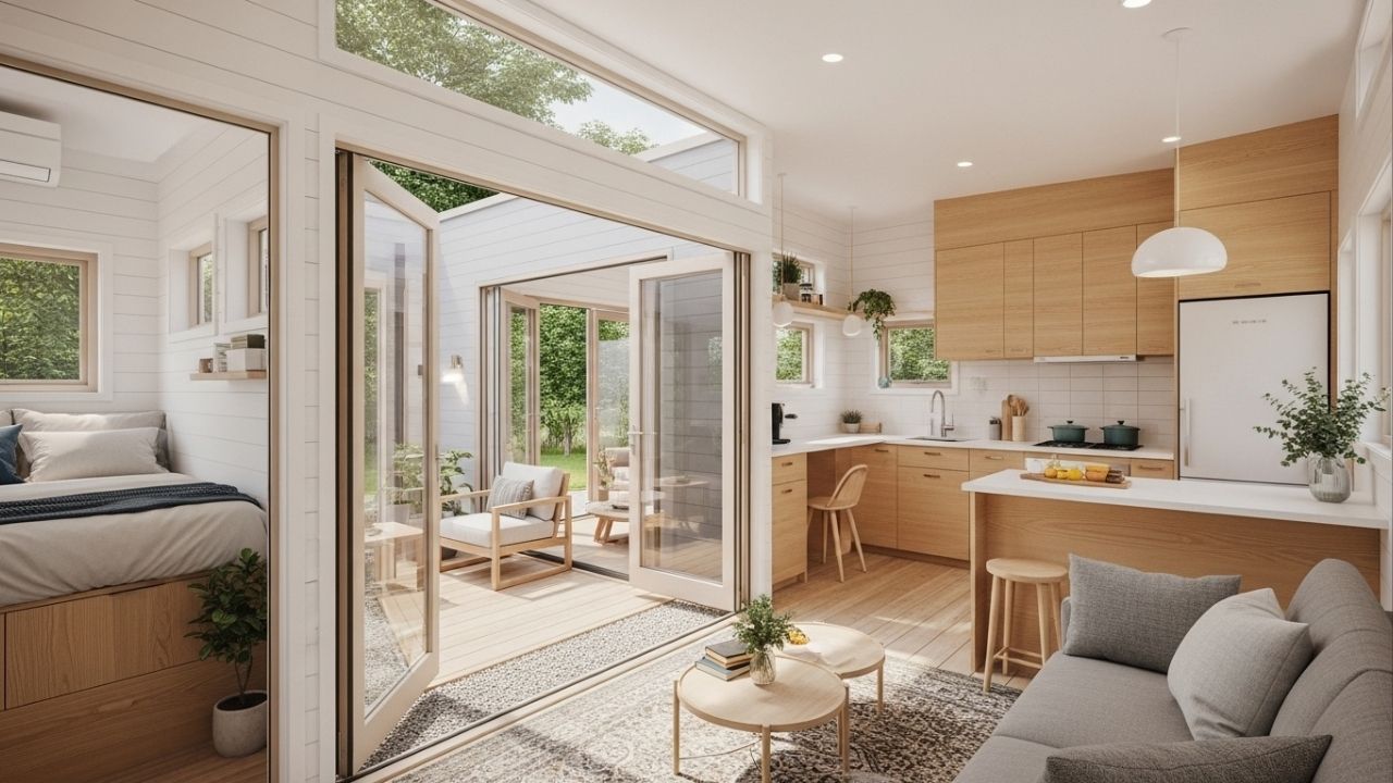 Construção de Tiny House compacta une pátio central, vidro amplo e soluções inteligentes para 40 metros quadrados