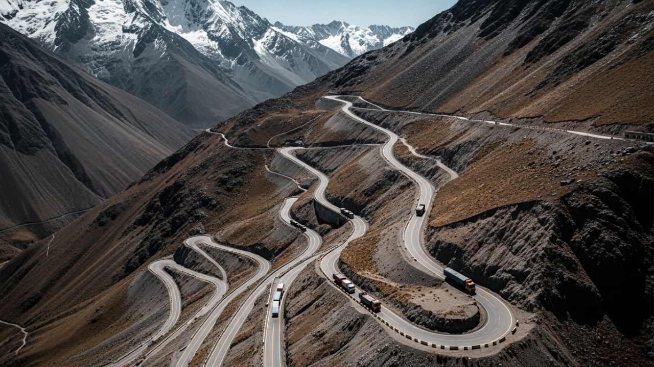 A estrada nos Andes cruza o Chile e a Argentina com 29 curvas em zigue-zague; a Los Libertadores atinge 3.200m de altitude em um caminho de neve