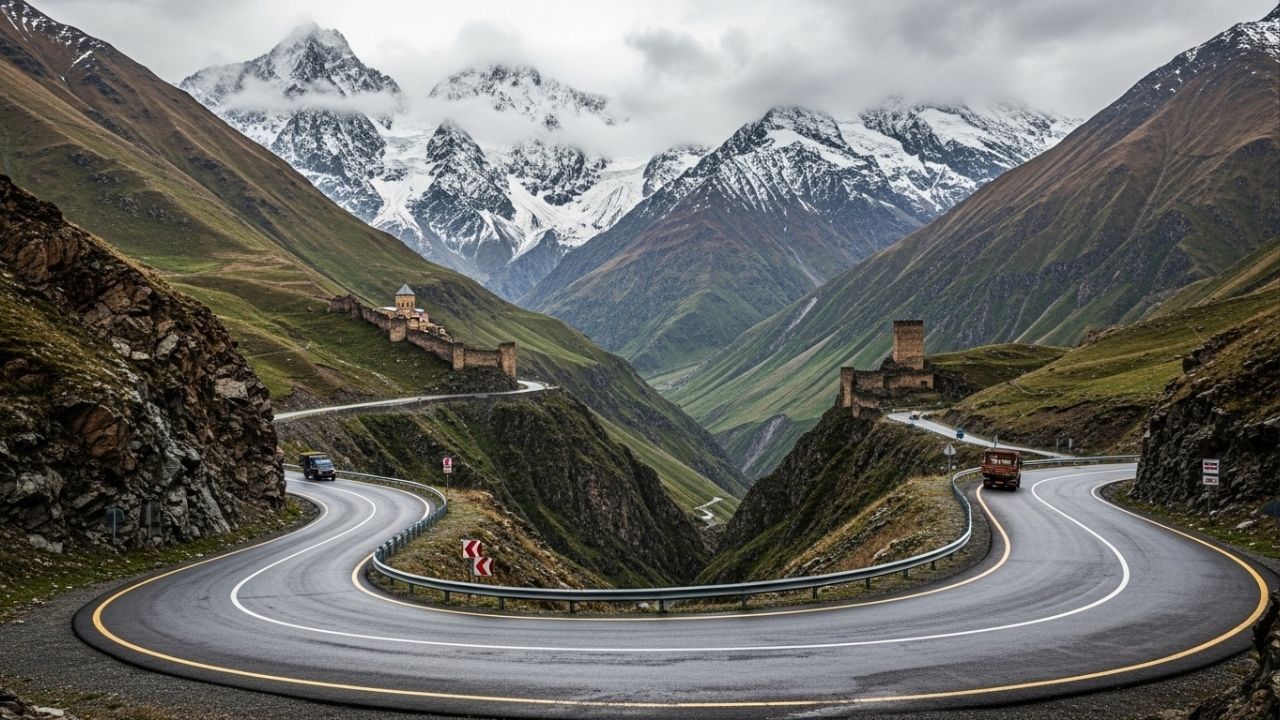 A rodovia na Geórgia sobe a 2.379m pelo Cáucaso; a Estrada Militar é uma rota histórica que une o país à fronteira russa através de montanhas