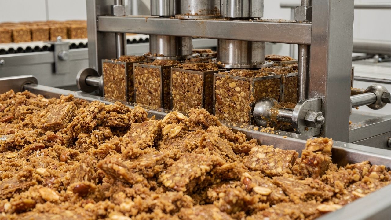 Com amendoim torrado moído com açúcar e sal prensados a alta pressão é assim que a indústria fabrica a paçoquinha que derrete na boca