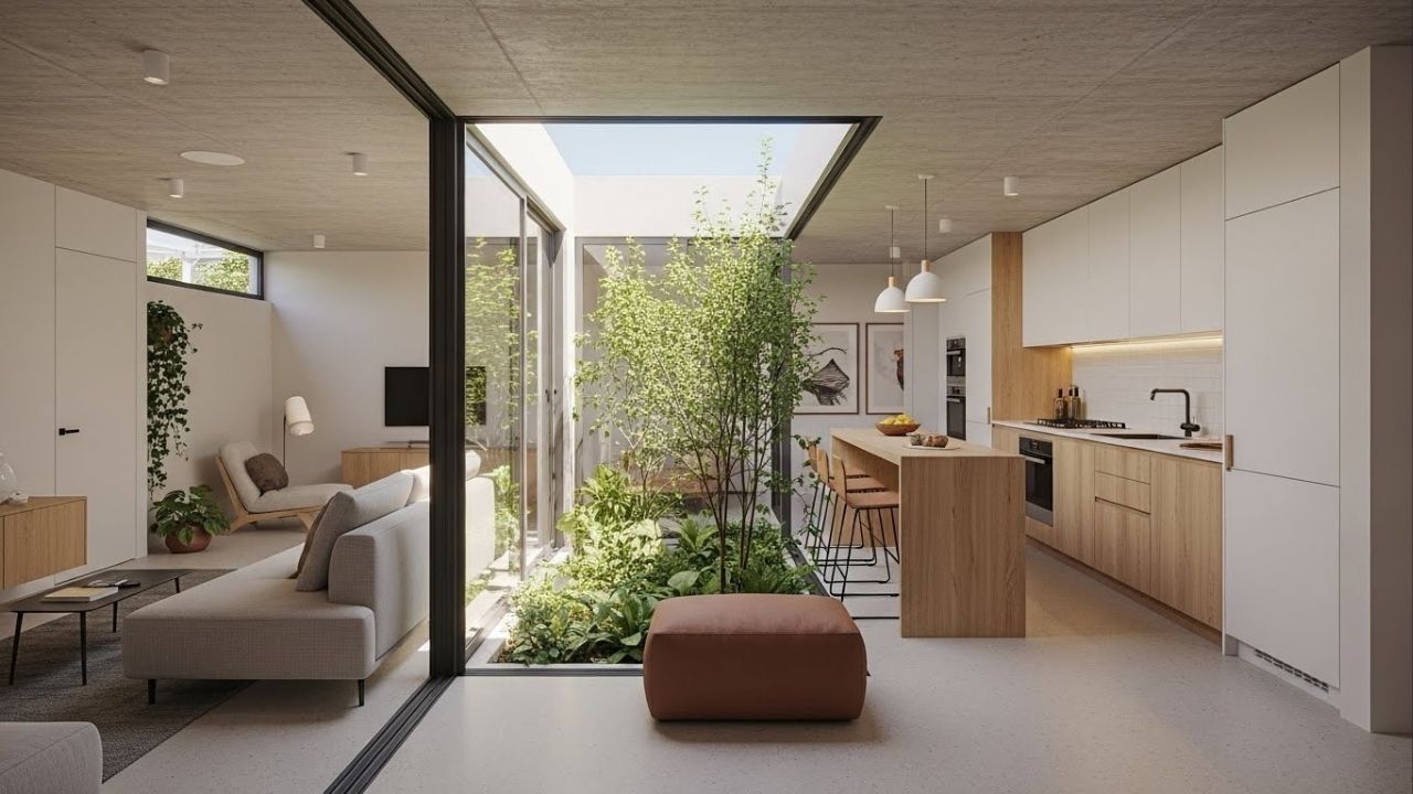 Essa casa moderna de 65 metros quadrados, mostra como o pátio pode virar o coração de uma casa compacta