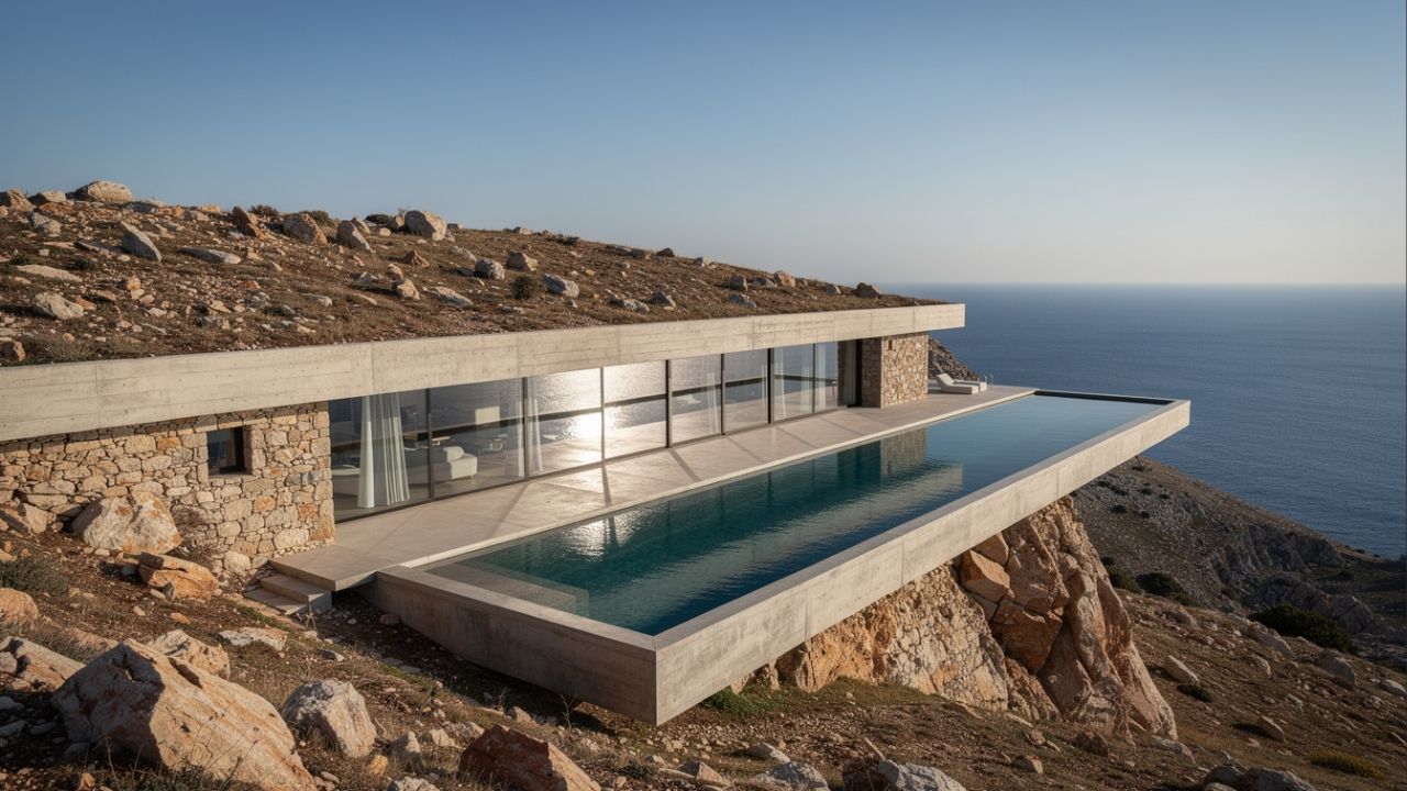 Com sua fachada única voltada para o mar e 360 metros quadrados sob o solo da ilha de Serifos, a estrutura usa a terra como isolante térmico natural na Grécia