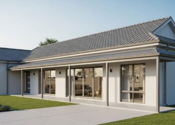 A varanda contínua desta casa linear moderna de 110 m² com 3 dormitórios e suíte amplia espaço e integração