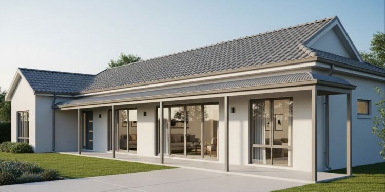 A varanda contínua desta casa linear moderna de 110 m² com 3 dormitórios e suíte amplia espaço e integração