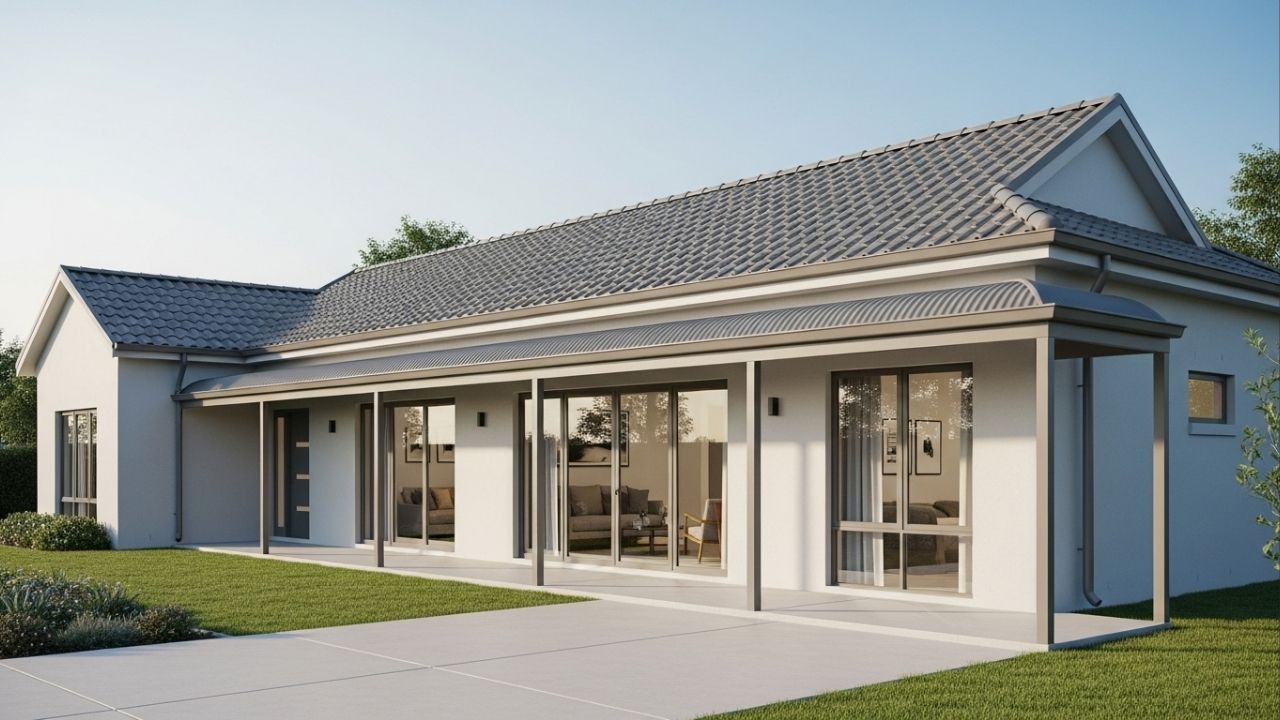 A varanda contínua desta casa linear moderna de 110 m² com 3 dormitórios e suíte amplia espaço e integração