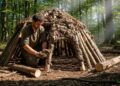 Em silêncio na mata, ele constrói abrigo escondido usando barro, folhas e um tronco caído no chão