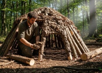 Em silêncio na mata, ele constrói abrigo escondido usando barro, folhas e um tronco caído no chão