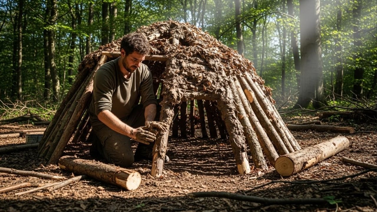Em silêncio na mata, ele constrói abrigo escondido usando barro, folhas e um tronco caído no chão