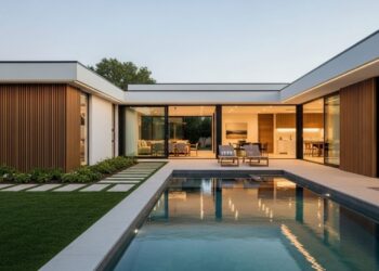 Essa casa térrea média em L com piscina de 108 metros quadrados tem 3 quartos, 2 banheiros e suíte integrada para você e sua família