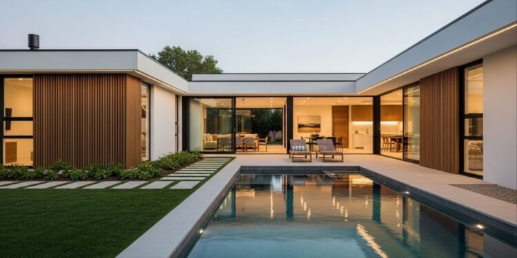 Essa casa térrea média em L com piscina de 108 metros quadrados tem 3 quartos, 2 banheiros e suíte integrada para você e sua família