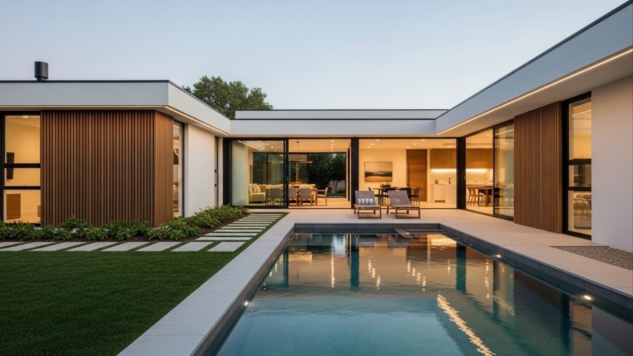 Essa casa térrea média em L com piscina de 108 metros quadrados tem 3 quartos, 2 banheiros e suíte integrada para você e sua família